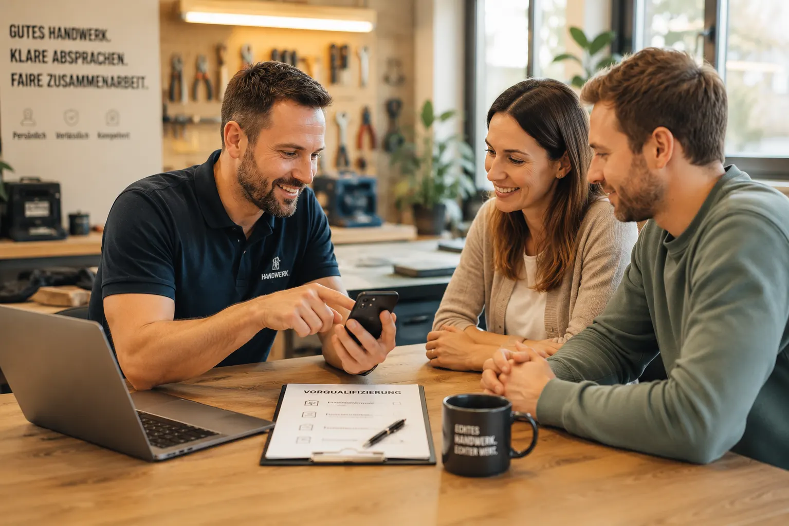 Handwerksbetrieb zeigt Kunden am Smartphone, wie Anfragen über KI-Suche und digitale Vorqualifizierung ankommen