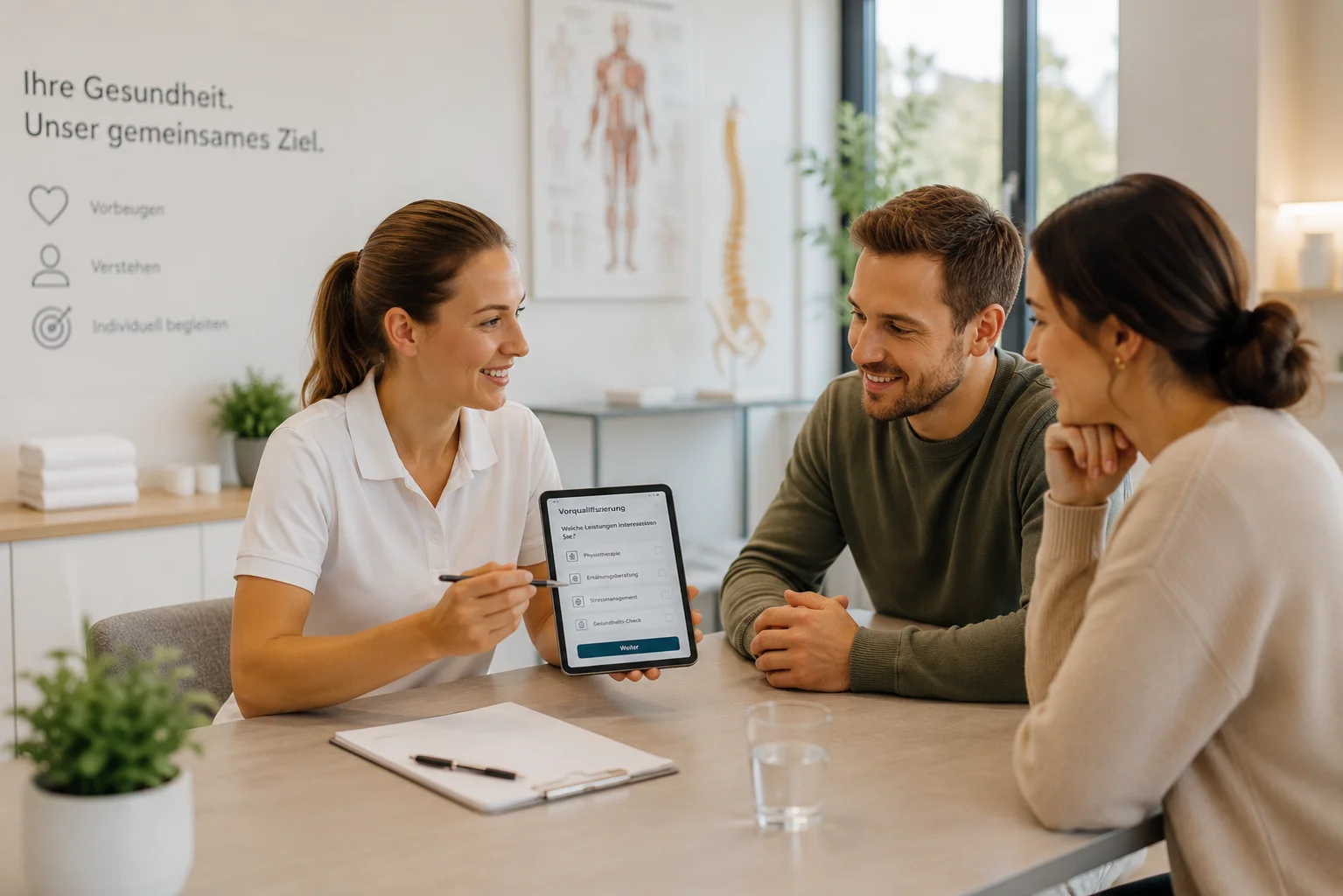 Praxismitarbeiterin zeigt Patienten die digitale Vorqualifizierung von Anfragen auf einem Tablet