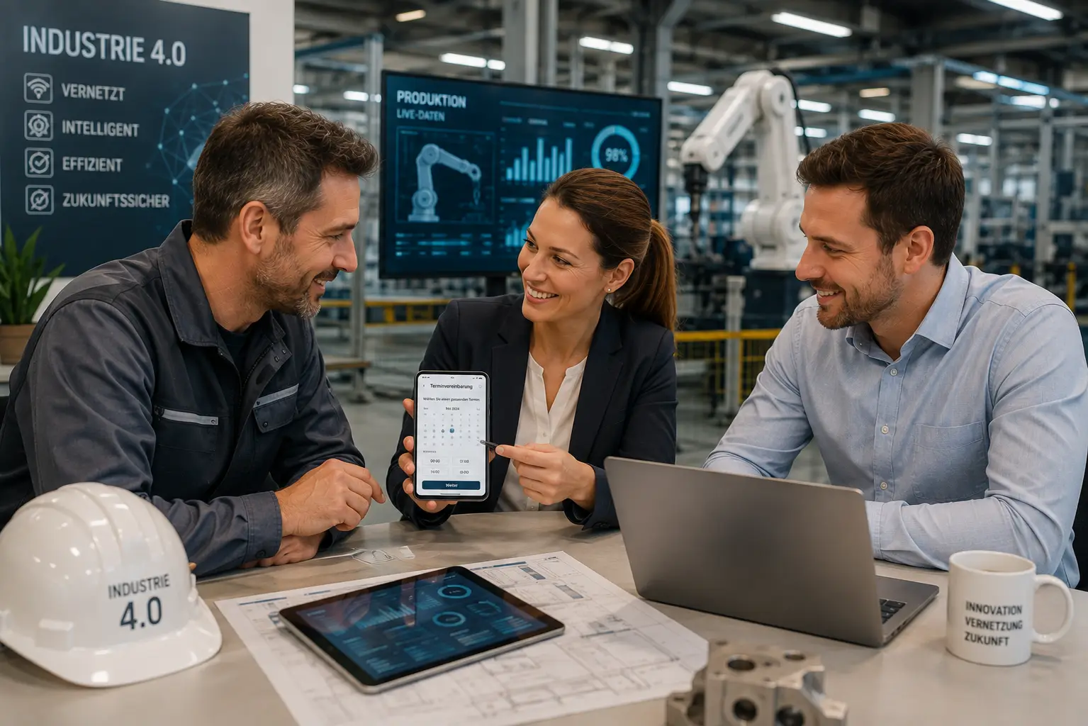 Team bespricht KI-gestützte Terminplanung in einer vernetzten Produktionshalle mit Industrieroboter
