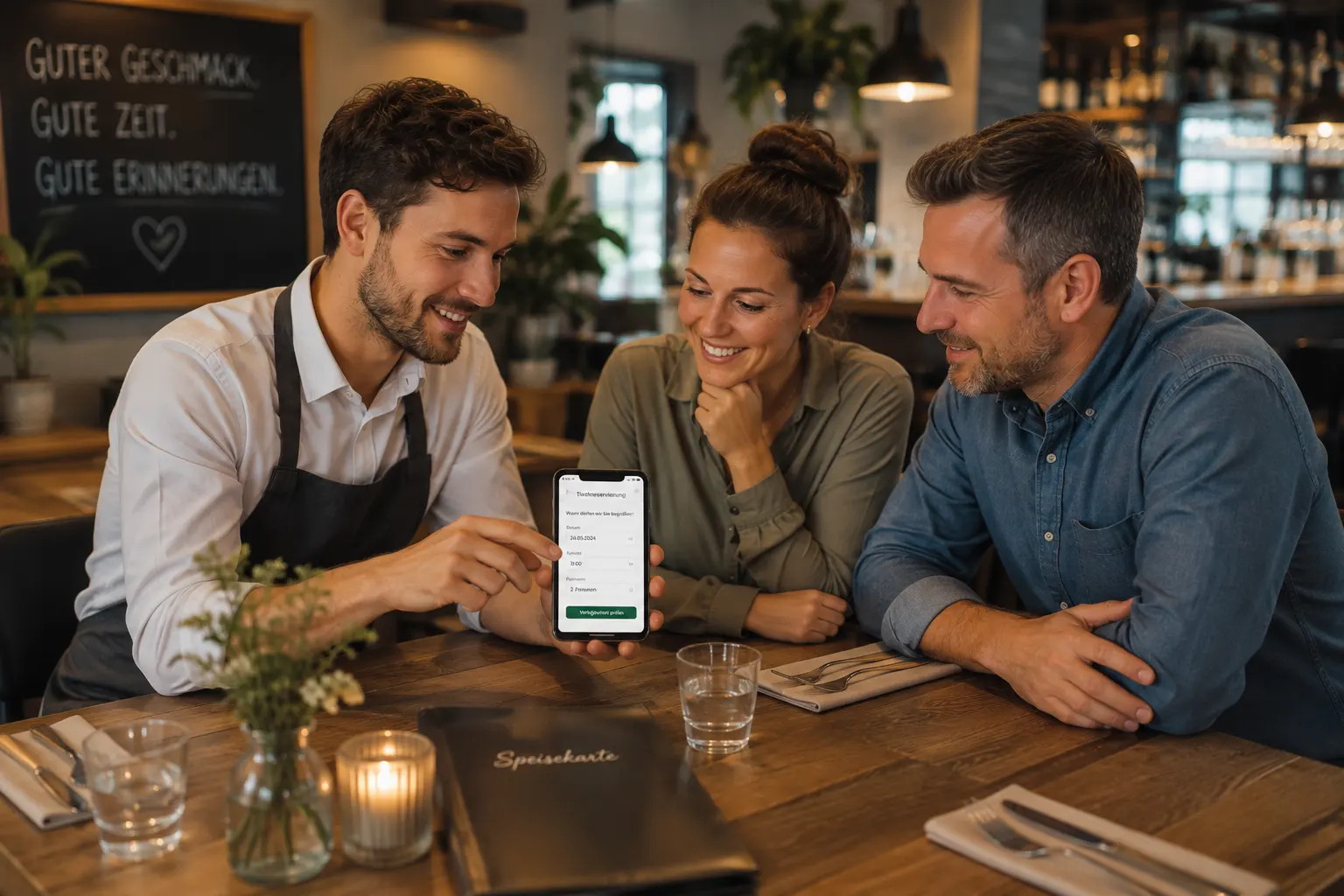 Servicemitarbeiter zeigt Gästen die digitale Tischreservierung am Smartphone im Restaurant