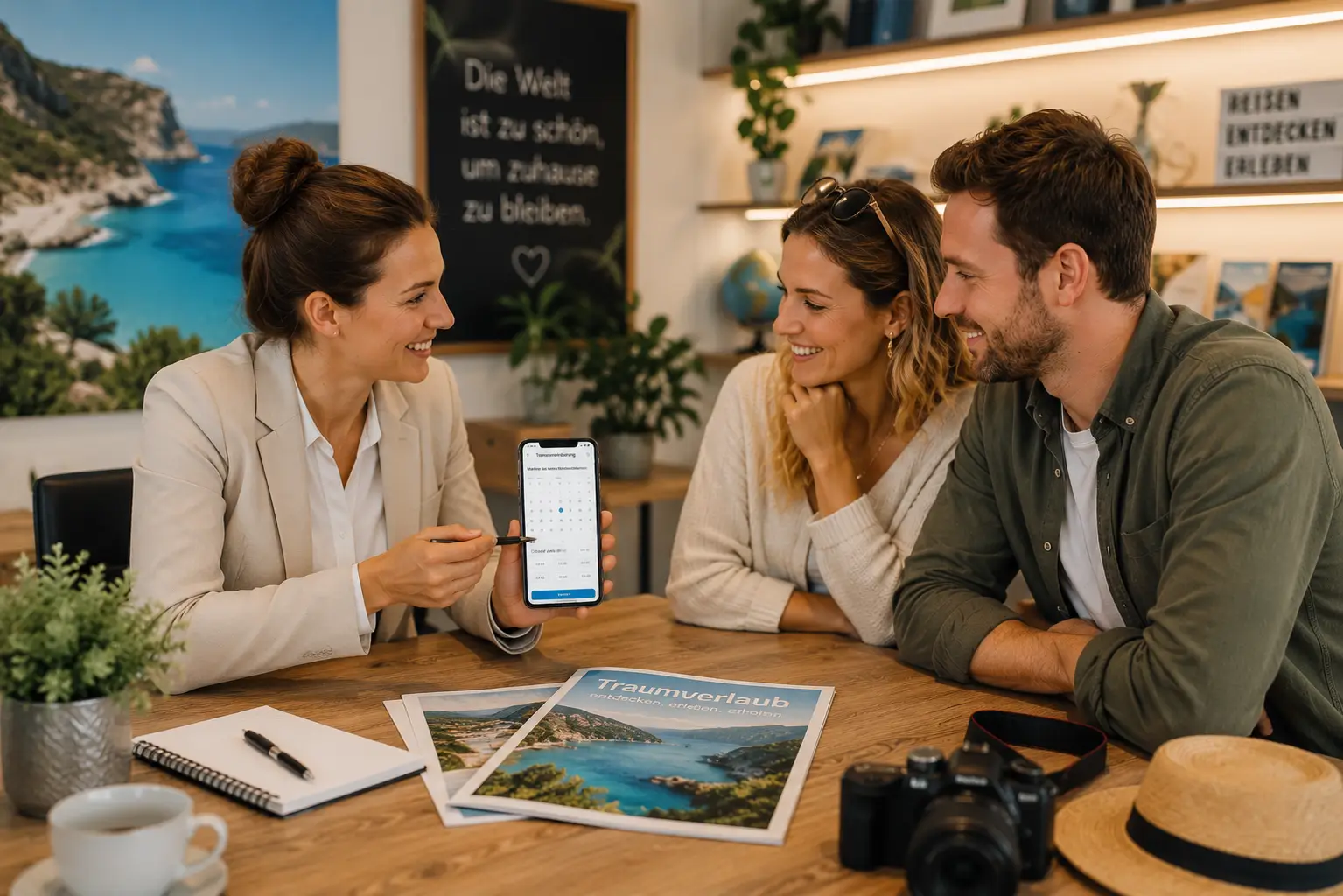 Reiseberaterin zeigt einem Paar die digitale Terminvereinbarung im Reisebüro